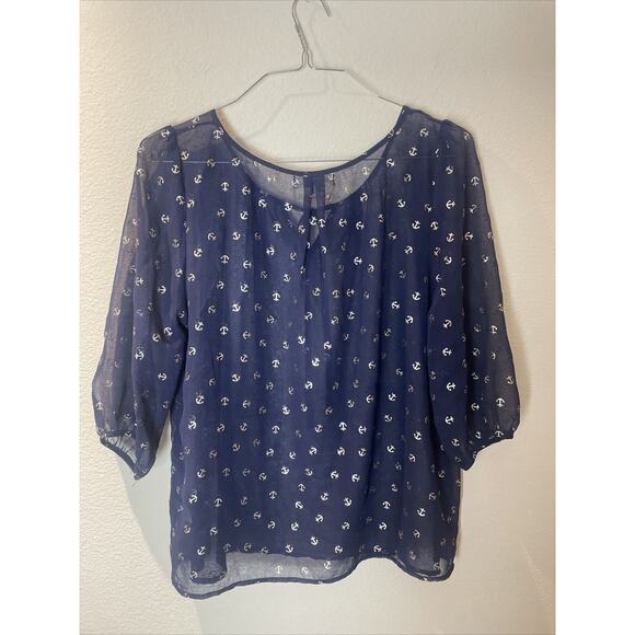 umgee, navy blue sheer anchor print blouse, large - Picture 4 of 4